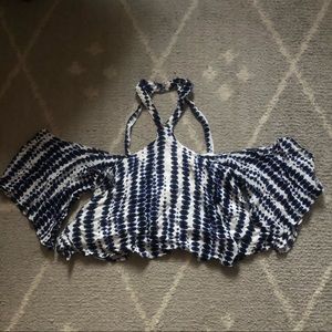 Blue, black and white cropped cold shoulder top
